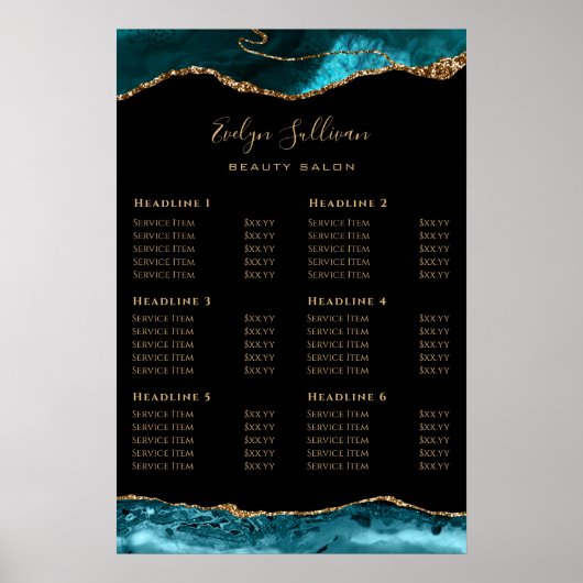 Poster blauwgroen goudprijs-tarieflijst (Voorkant)