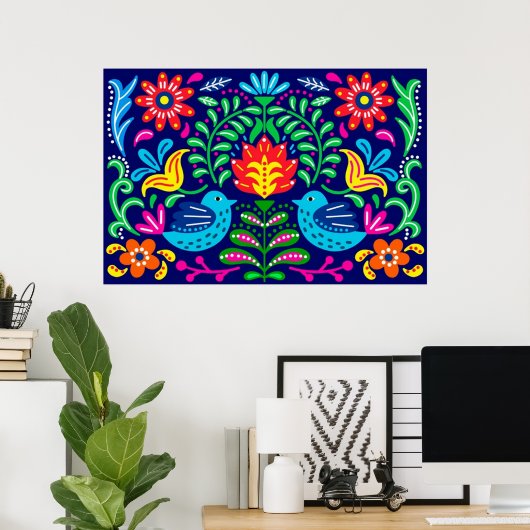 Poster bloemen en vogels Folk Art (Thuiskantoor)