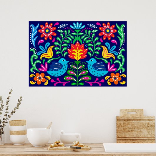 Poster bloemen en vogels Folk Art (Keuken)