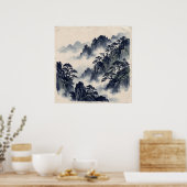 Poster Blue Ink Mountain Forest (Keuken)