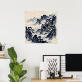 Poster Blue Ink Mountain Forest (Thuiskantoor)