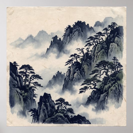 Poster Blue Ink Mountain Forest (Voorkant)