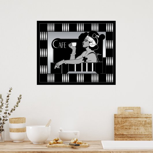 Poster  Cafe Art Deco Stripe Black (Keuken)