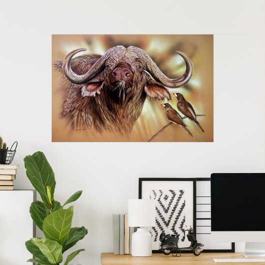 Poster Cape Buffalo & Oxpeckers (Thuiskantoor)