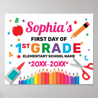 Póster Colorido Primer Día Del Rótulo Escolar Poster