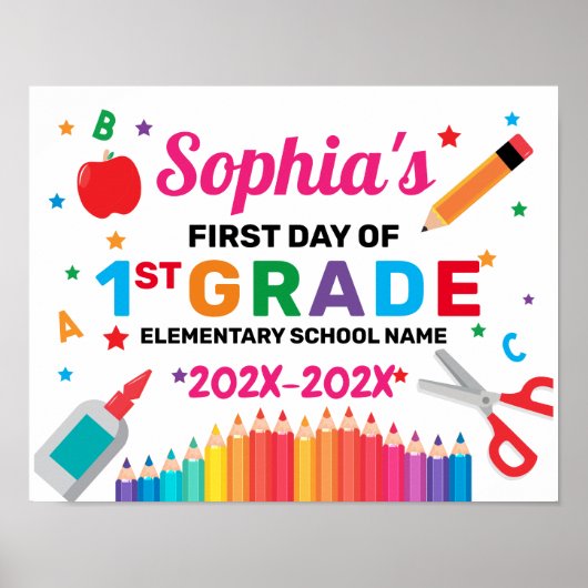 Póster Colorido Primer Día Del Rótulo Escolar Poster (Voorkant)