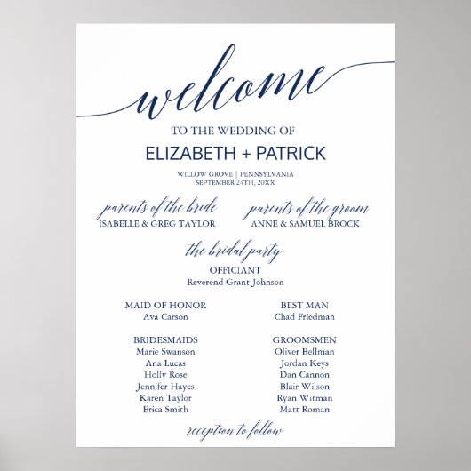 Poster Elegant Navy Calligraphy Wedding Program (Voorkant)