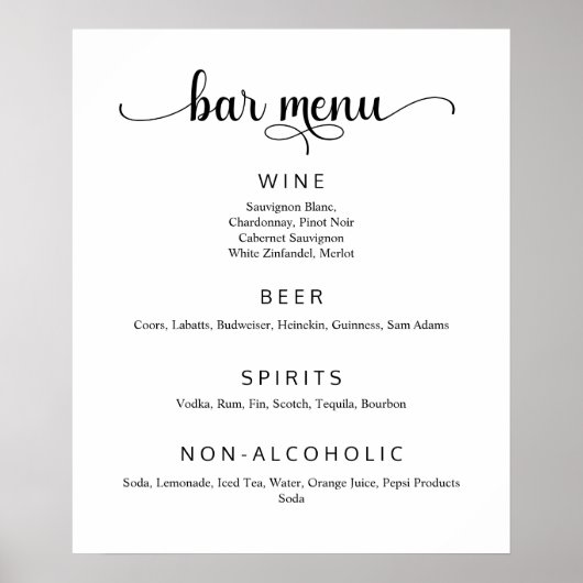 Poster Elegant White Wedding Bar-menu (Voorkant)