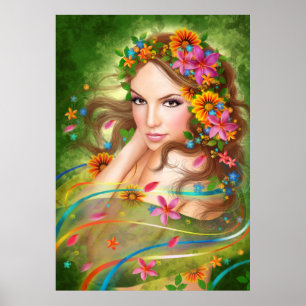 Poster Fantasy Beauful fairy oman met bloemen