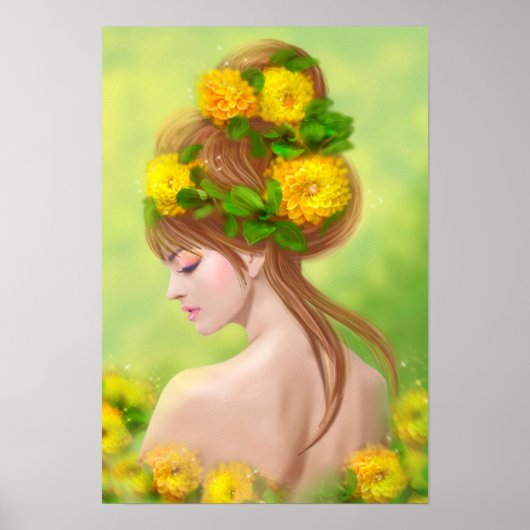Poster Fantasy Beauful fairy Spring met bloemen (Voorkant)