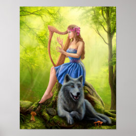 Poster Fantasy girl fee en vriend wolf.