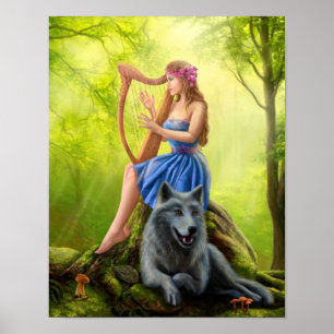 Poster Fantasy girl fee en vriend wolf.