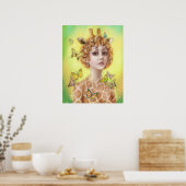 Poster Fantasy portret vrouw giraffe canvas prin (Keuken)