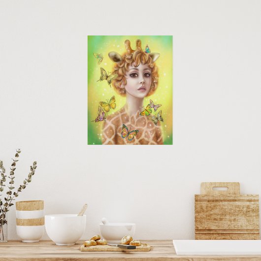 Poster Fantasy portret vrouw giraffe canvas prin (Keuken)