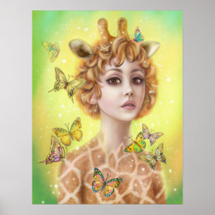 Poster Fantasy portret vrouw giraffe canvas prin