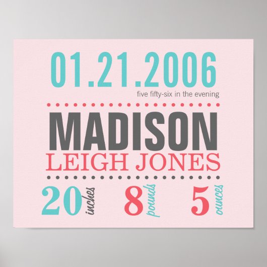 Poster geboortedatum baby - Snoep katoen (Voorkant)