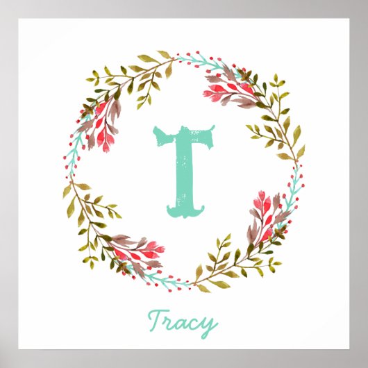Poster gepersonaliseerd Floral Waterverf Initiaal (Voorkant)
