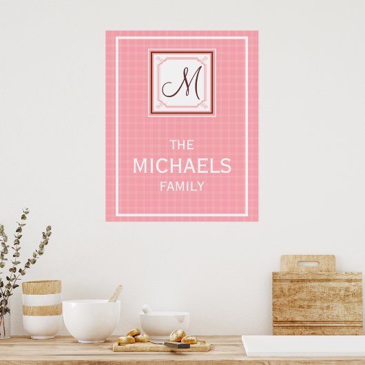 Poster gezinsMonogram - Roze cheque (Keuken)