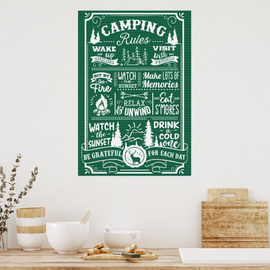 Poster Groene witte Camping Rules (Keuken)