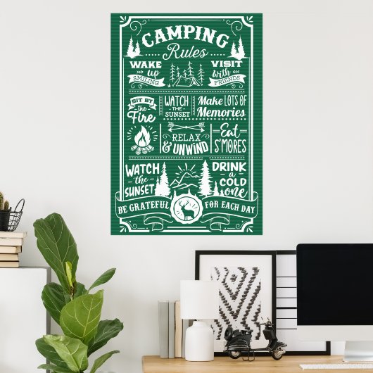 Poster Groene witte Camping Rules (Thuiskantoor)