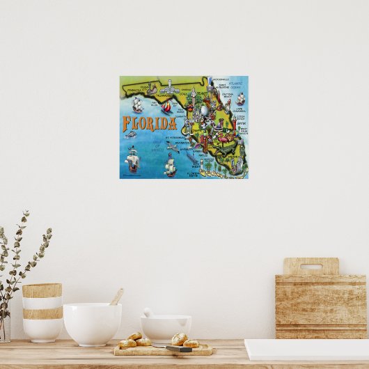 Poster Grote Florida Cartoon Map (Keuken)
