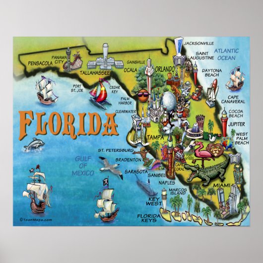 Poster Grote Florida Cartoon Map (Voorkant)
