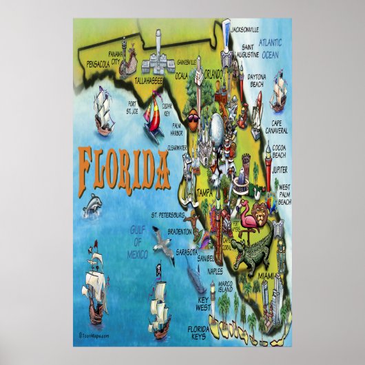 Poster Grote Florida Cartoon Map (Voorkant)