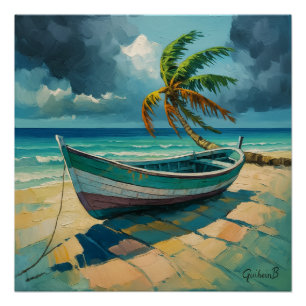Poster Guadeloupe - Tropisch landschap met boot e