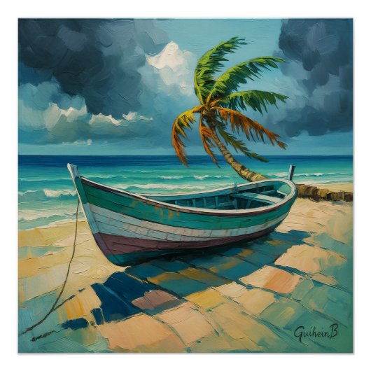 Poster Guadeloupe - Tropisch landschap met boot e (Voorkant)