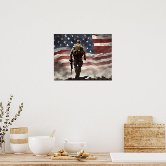 Poster-Hero Militaire Soldaat w / Amerikaanse vlag Poster (Keuken)