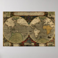 Poster  kaart - 1595 Hondius-Wereldkaart