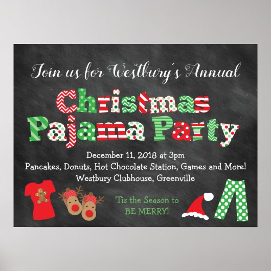 Poster kerstpajama Party Chalkboard Style (Voorkant)