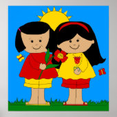 Poster Kind twee beste vrienden meisjes blauw (Voorkant)