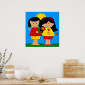 Poster Kind twee beste vrienden meisjes blauw (Keuken)