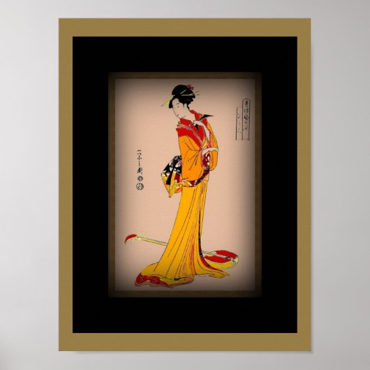 Poster  kunst geisha met gele Rode Kimono (Voorkant)