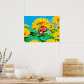 Poster kunst slaperig Ladybug en zonnebloemen (Keuken)