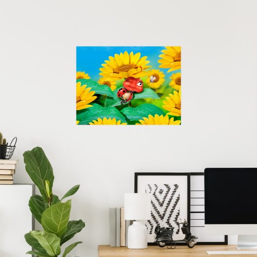 Poster kunst slaperig Ladybug en zonnebloemen (Thuiskantoor)