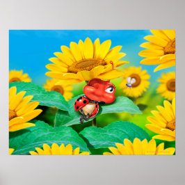 Poster kunst slaperig Ladybug en zonnebloemen