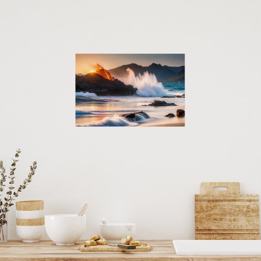 Poster kunst vulkanische oceaan scène (Keuken)
