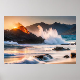 Poster kunst vulkanische oceaan scène