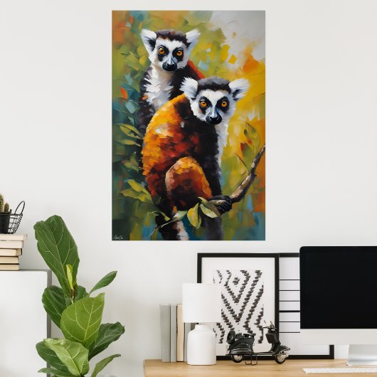 Poster | Lemur | Olieverfstijl (Thuiskantoor)