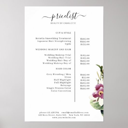 Poster Lijst met Floral prijzen (Voorkant)