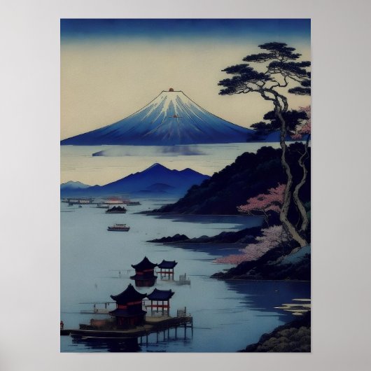 Poster - Meer, dennenboom en berg - Japan (Voorkant)