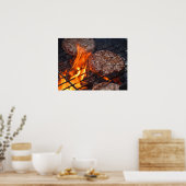Poster met barbecueburgers en brandvuur (Keuken)
