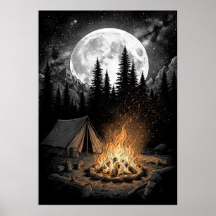 Poster met bergkamperen bij volle maan rond het ka
