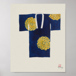 Poster met blauwe en gouden Japanse nagajuban