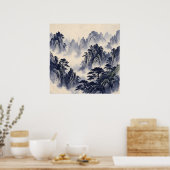 Poster met blauwe inkt berglandschap (Keuken)