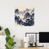 Poster met blauwe inkt berglandschap (Thuiskantoor)