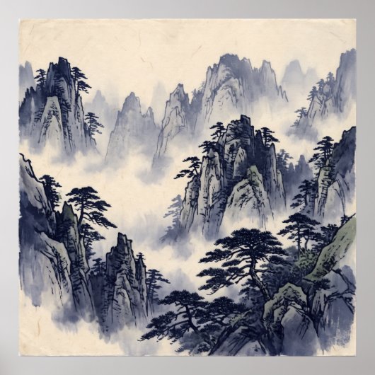 Poster met blauwe inkt berglandschap (Voorkant)