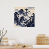 Poster met blauwe inkt dennenberg (Keuken)